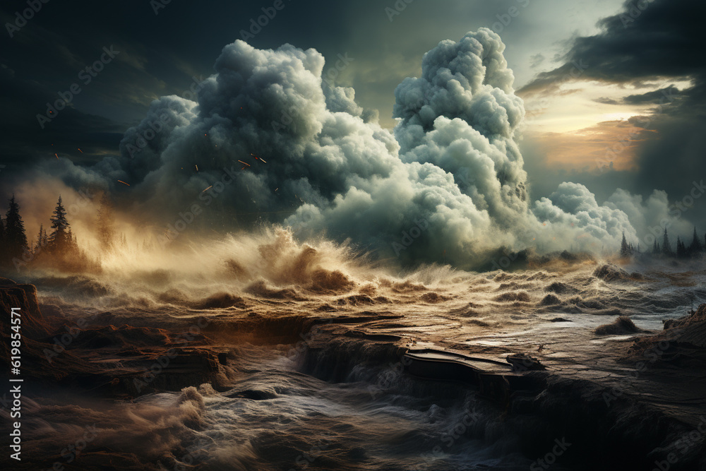 Poster a captivating photograph that captures the explosive eruption of a geyser in yellowstone national pa