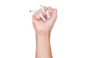 Male hand crushing cigarette isolated on white background. STOP Smoking. World no tobacco day...