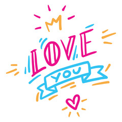 Vector handdrawn bright illustration Gift card for lover. The 14th of February. Valentine's Day. I love you. Doodle yellow crown, line art crimson pink heart, blue ribbon. Poster. Web pattern. Print