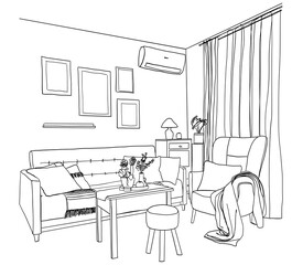 Fototapeta premium Line sketch of the interior living room.