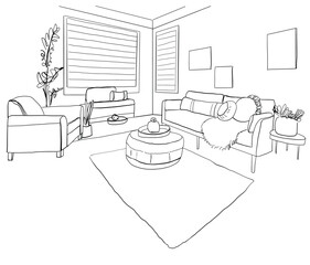 Line sketch of the interior living room.