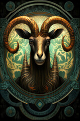 Obraz premium The Aries Enigma: Mystical Ibex Amidst Ancient Runes