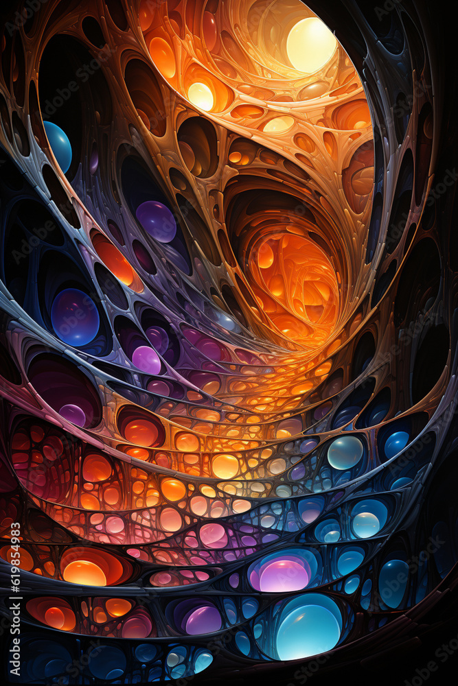 Poster an abstract painting showcasing a cocoon-inspired design composed of vibrant geometric shapes. gener