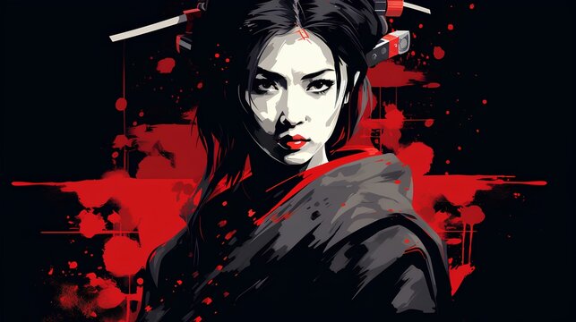 a female samurai with mesmerizing eyes and beautiful lips. Japanese minimalist design. generative AI