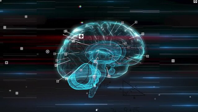 Animation of digital icons and light trails over spinning human brain icon against black background