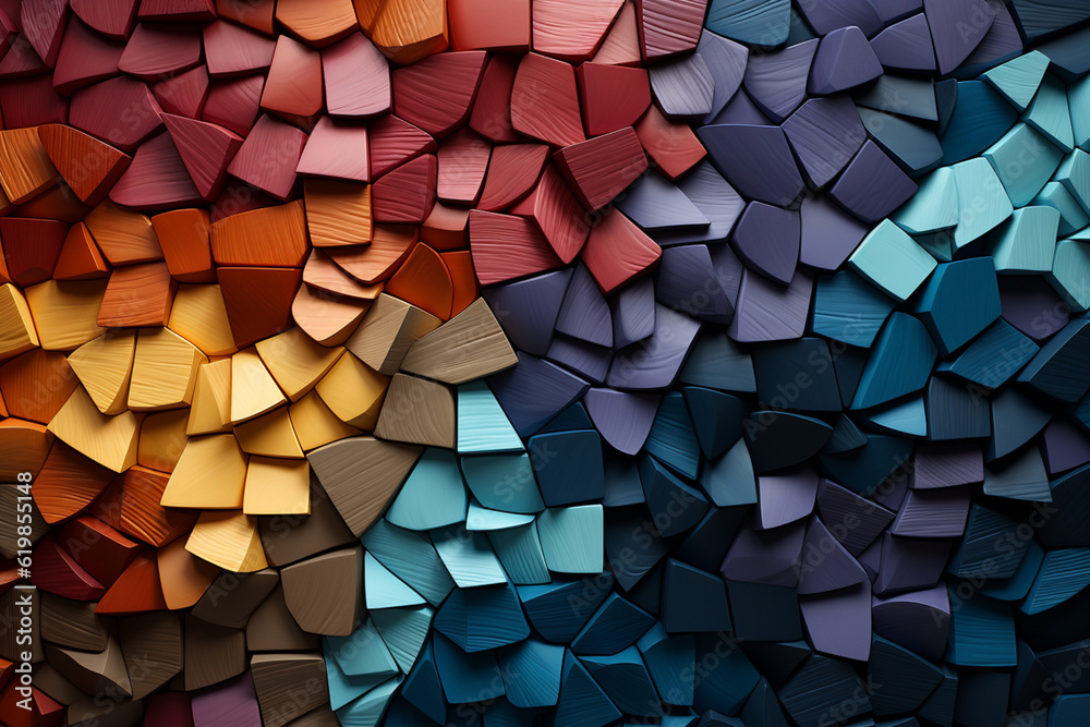 Poster a sculptural piece made of wood, featuring abstract geometric forms meticulously carved and arranged