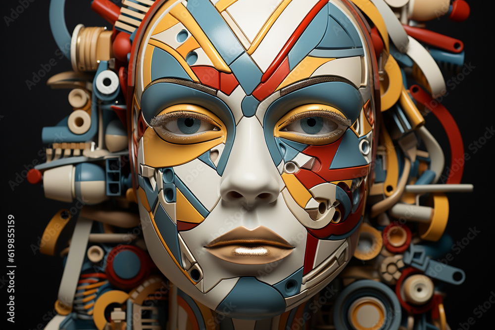 Poster a sculptural mask made of various geometric forms, such as triangles, circles, and squares. generati