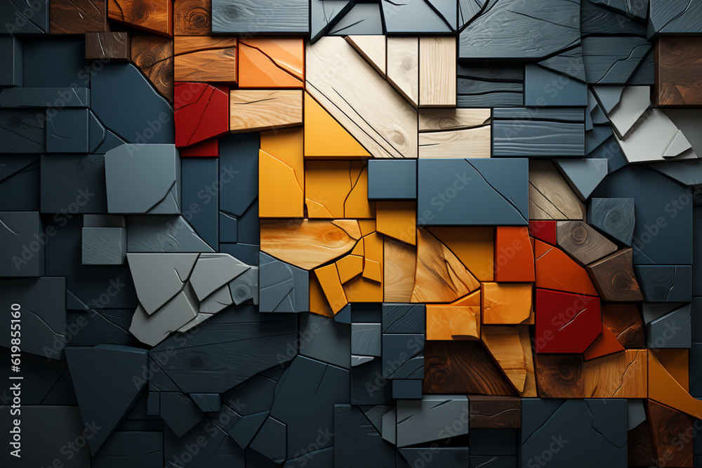 Aufkleber A mixed-media collage incorporating wooden textures with abstract geometric elements.  Generative AI.