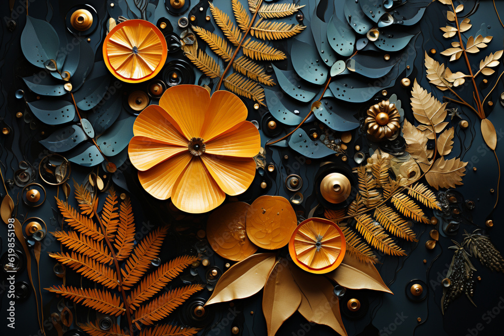 Poster a mixed-media collage incorporating geometric shapes and patterns inspired by fern leaves. generativ