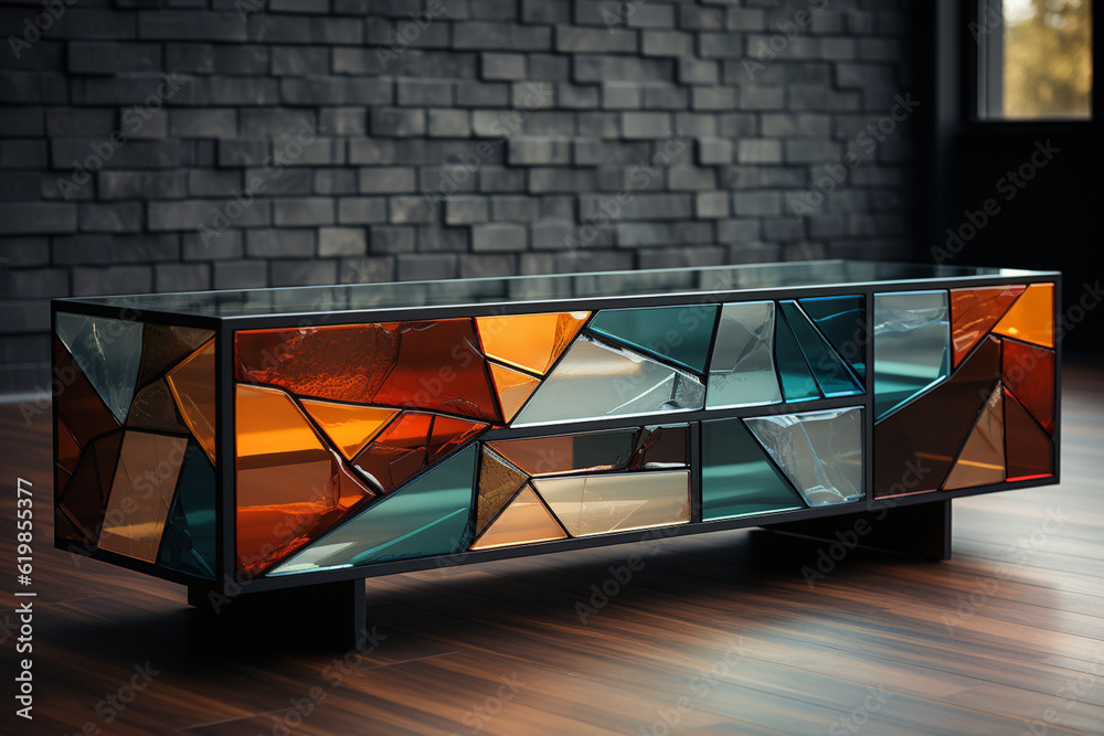 Poster an abstract console design with a mix of geometric materials, such as a combination of metal, glass,