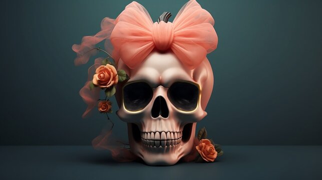 Halloween concept made of female skull and pink bow surrounded by smoke. Generative Ai