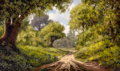 Paintings summer landscape, road in the forest, path in the forest. Fine art, artwork