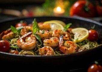 Scampi alla Griglia with succulent shrimp surrounded by sliced tomatoes and zucchini noodles
