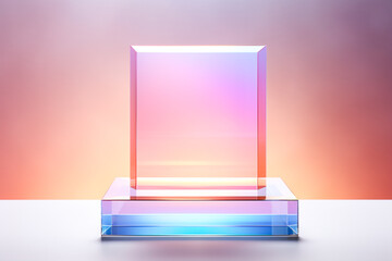 Fototapeta Abstract Gradient Pastel Pink Blue Studio Background for Product Presentation. Empty Room with Shadows and Glass podium Mock Up. 3d room with copy space. Cyberspace.  Blurred backdrop. Generative AI. obraz