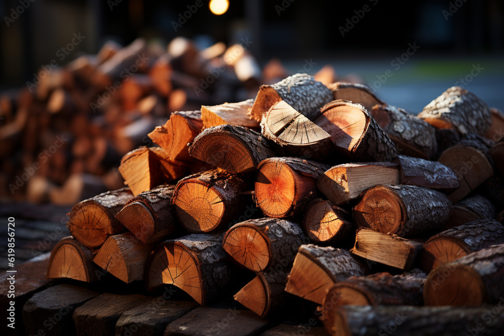 Aufkleber a close-up photograph of a neatly stacked pile of firewood logs. generative ai.