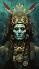 Portrait of an Indian shaman in ritual make-up and with a feather roach on his head, generated by AI