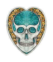 Vintage heart skull hand drawing and painting on paper.