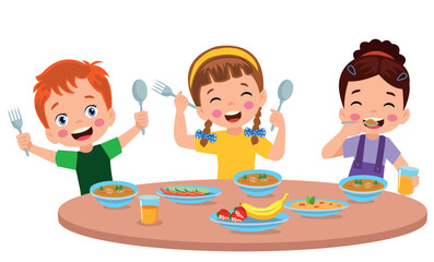 Boy and girls eating at the dining table