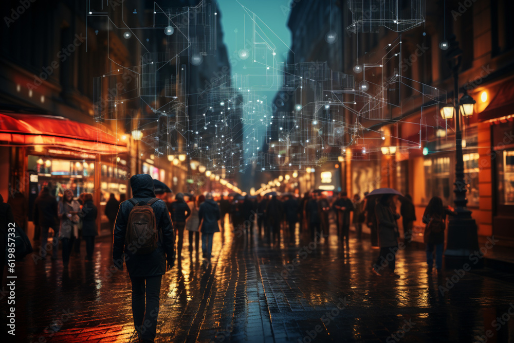 Aufkleber crowd of business people tracked with advanced technology walking on busy urban city streets. cctv a