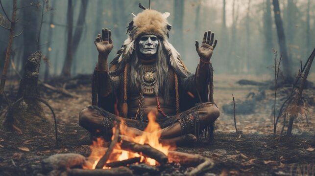 Tibetan shaman performs a ritual in the autumn forest of Taiga near the fire, generated by AI