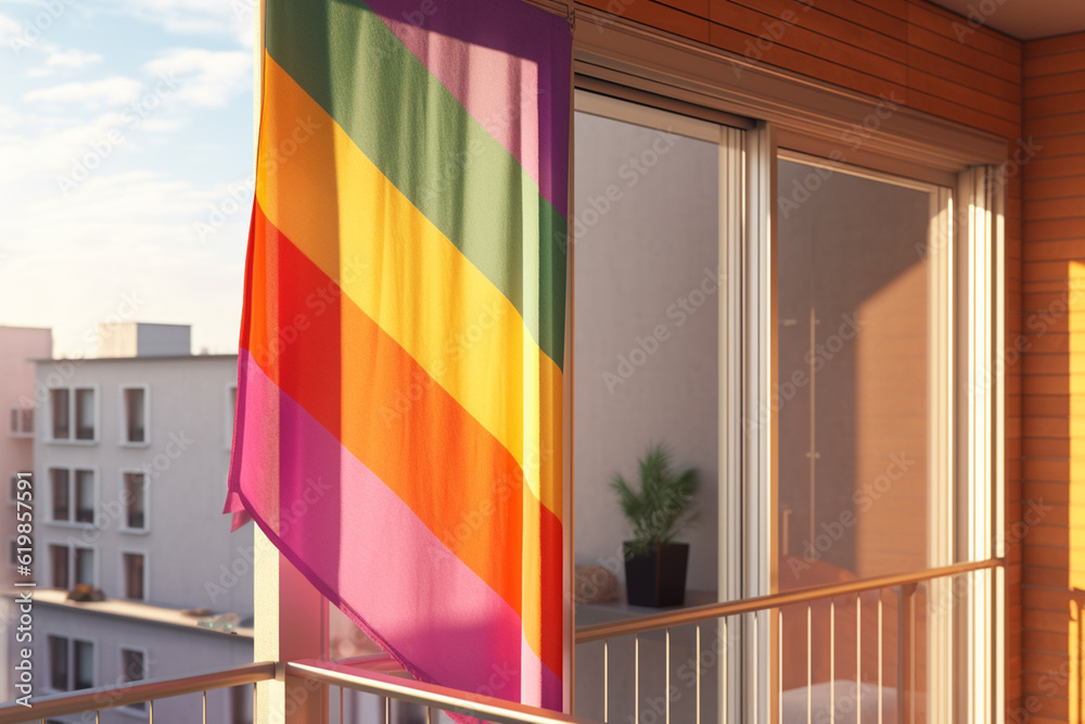 Poster A colorful LGBTQ+ pride flag displayed in a window or balcony, serving as a visible sign of support and inclusivity.  Generative AI technology.