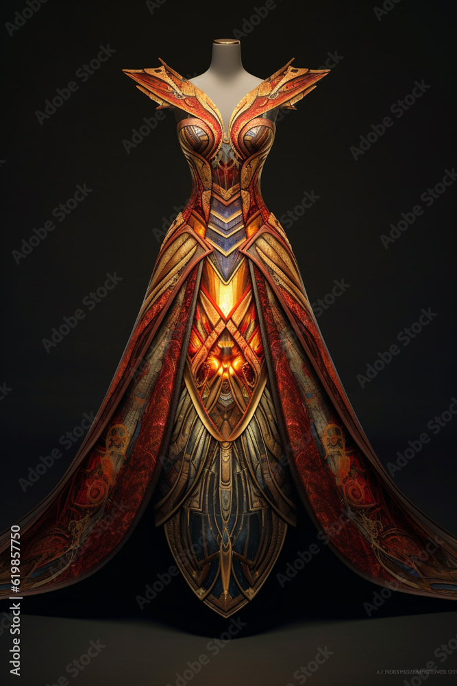 Poster a geometric-themed queen's gown with intricate patterns and symmetrical designs, embodying elegance 