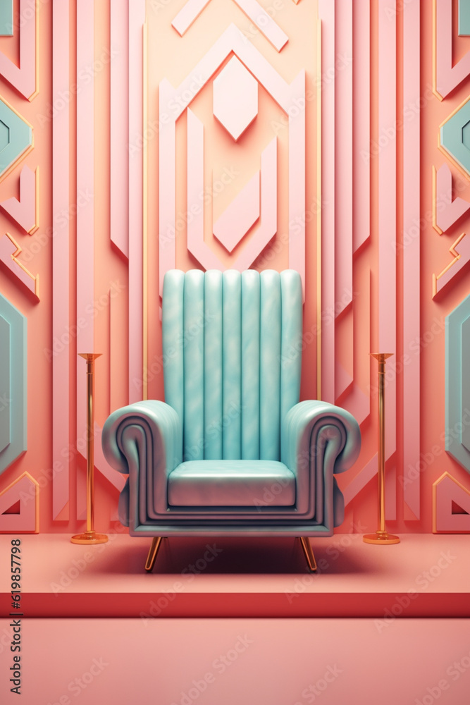 Poster A pastel-colored geometric-style throne with clean lines and soft geometric patterns, creating a harmonious and regal ambiance.  Generative AI technology.