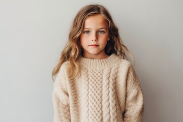 Portrait of a little girl in a beige sweater on a white background.