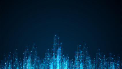 Cityscape on dark blue background with bright glowing neon. Technology city background © natrot