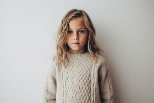 Lifestyle portrait photography of a serious child female wearing a cozy sweater against a minimalist or empty room background