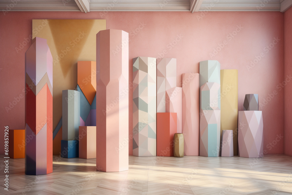 Poster a pastel-colored geometric-style column wall art featuring geometric shapes and soft pastel shades, 