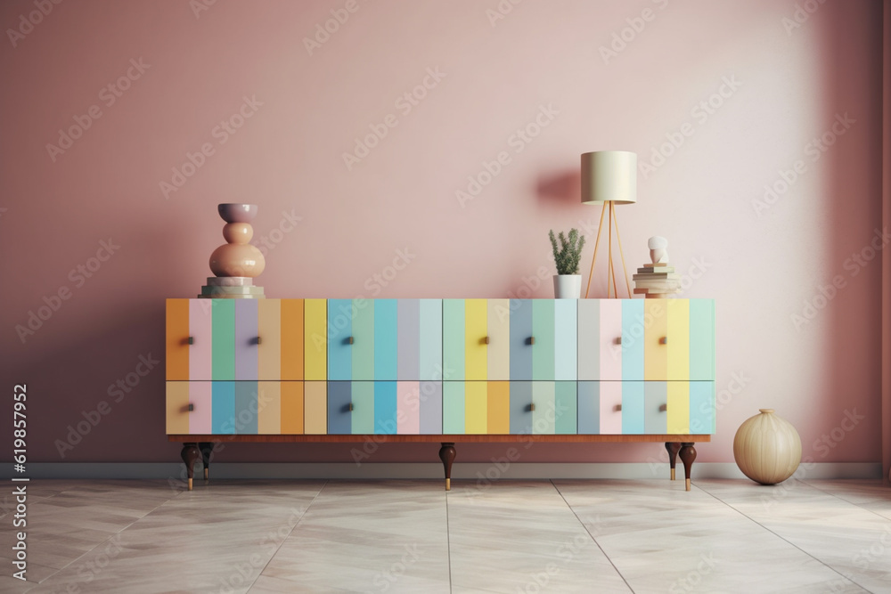 Aufkleber A pastel-colored geometric-style column sideboard with geometric patterns and gentle pastel shades, combining storage and design in one piece. Generative AI technology.