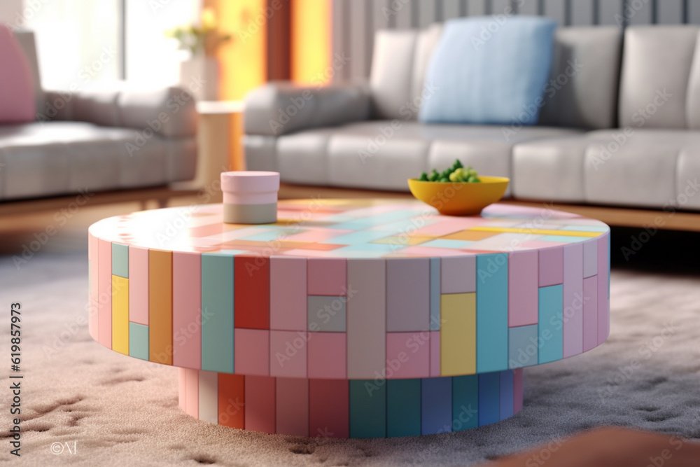 Poster a pastel-colored geometric-themed column coffee table with geometric patterns and soft pastel shades
