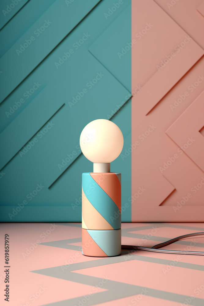 Aufkleber A pastel-colored geometric-inspired column table lamp with geometric patterns and soft pastel hues, providing both lighting and aesthetics.  Generative AI technology.