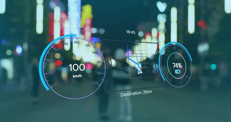 Animation of electric car speedometer data processing over city - Powered by Adobe
