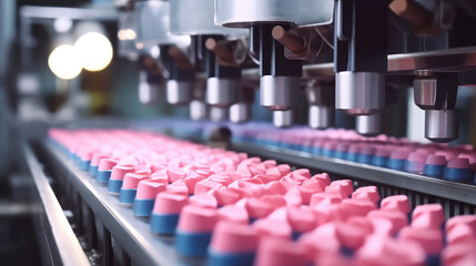 Cosmetics on the conveyor belt in the factory
