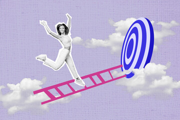 Creative collage picture of positive black white gamma girl climb ladder clouds sky darts board...