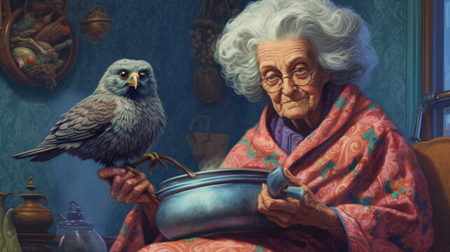 mythical fairytale creature elderly woman pensioner sorceress and witch,generated by AI