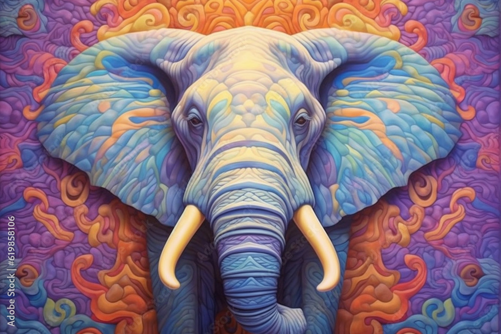 Poster a pastel-colored geometric-style elephant tapestry with symmetrical patterns and pastel hues, blendi