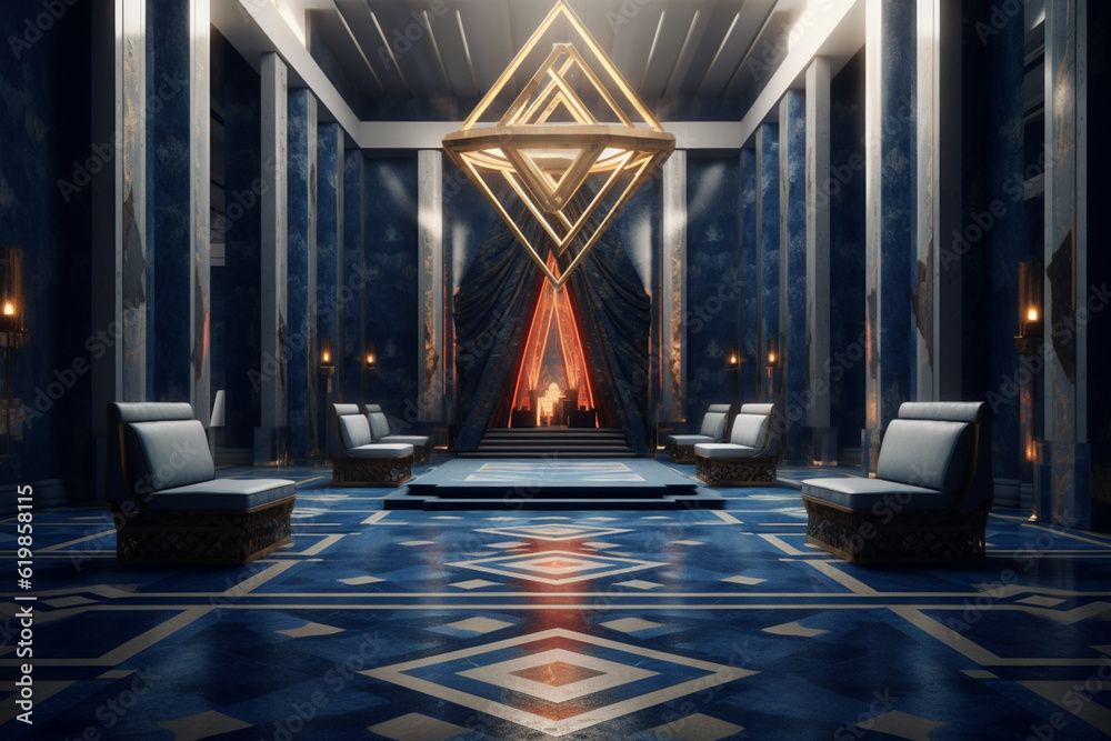 Poster A geometric-inspired throne room with angular architecture and symmetrical designs, creating a visually striking and regal environment.  Generative AI technology.