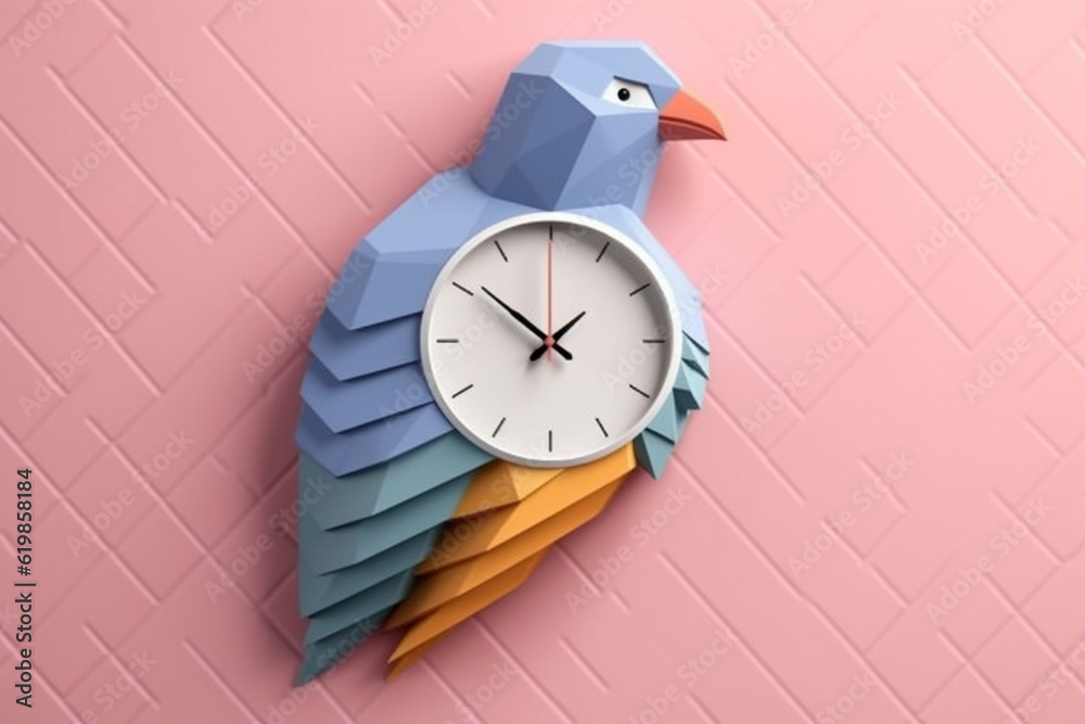 Aufkleber A pastel-colored geometric-inspired bird wall clock with angular shapes and pastel hues, bringing a touch of whimsy and functionality to your space. Generative AI technology.