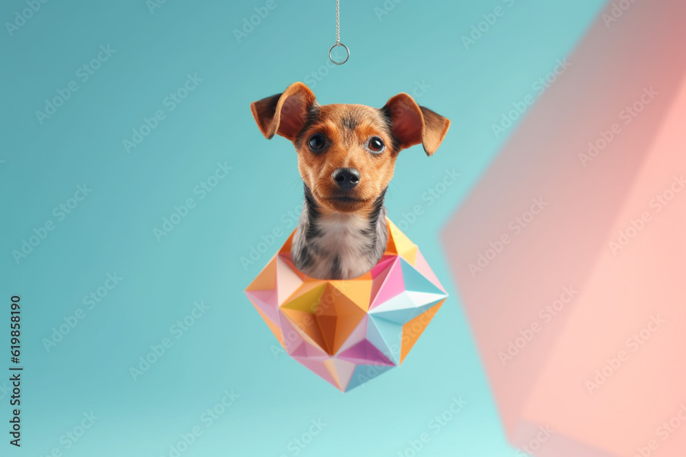 Poster A pastel-colored geometric-themed dog mobile with hanging geometric shapes and soft pastel tones, creating a playful and artistic display.  Generative AI technology.