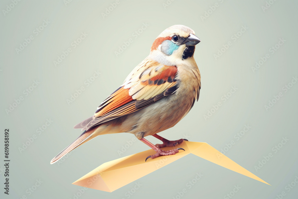 Poster a pastel-colored geometric-themed sparrow illustration with angular shapes and delicate pastel shade