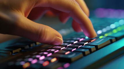 Close-up shot of human finger clicking computer keyboard rgb button