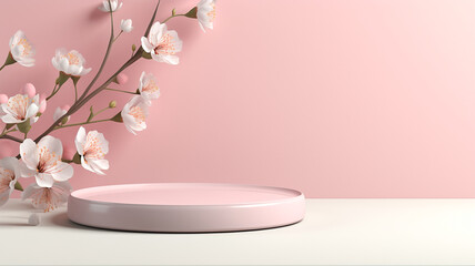 White round podium pedestal cosmetic beauty product presentation scene empty mockup on trendy pink coral pastel background with blossom flowers, minimalist backdrop luxury template. Generative AI.