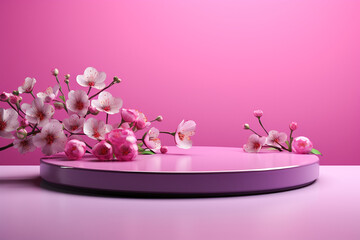 Beautiful Purple Luxury Empty  Background Pedestal Mock Up. 3D Illustration, 3D Rendering with Oval Cylinder Platform with Blossom Flowers. Generative AI.