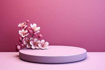 Obraz na płótnie Canvas Beautiful Purple Luxury Empty Background Pedestal Mock Up. 3D Illustration, 3D Rendering with Oval Cylinder Platform with Blossom Flowers. Generative AI.