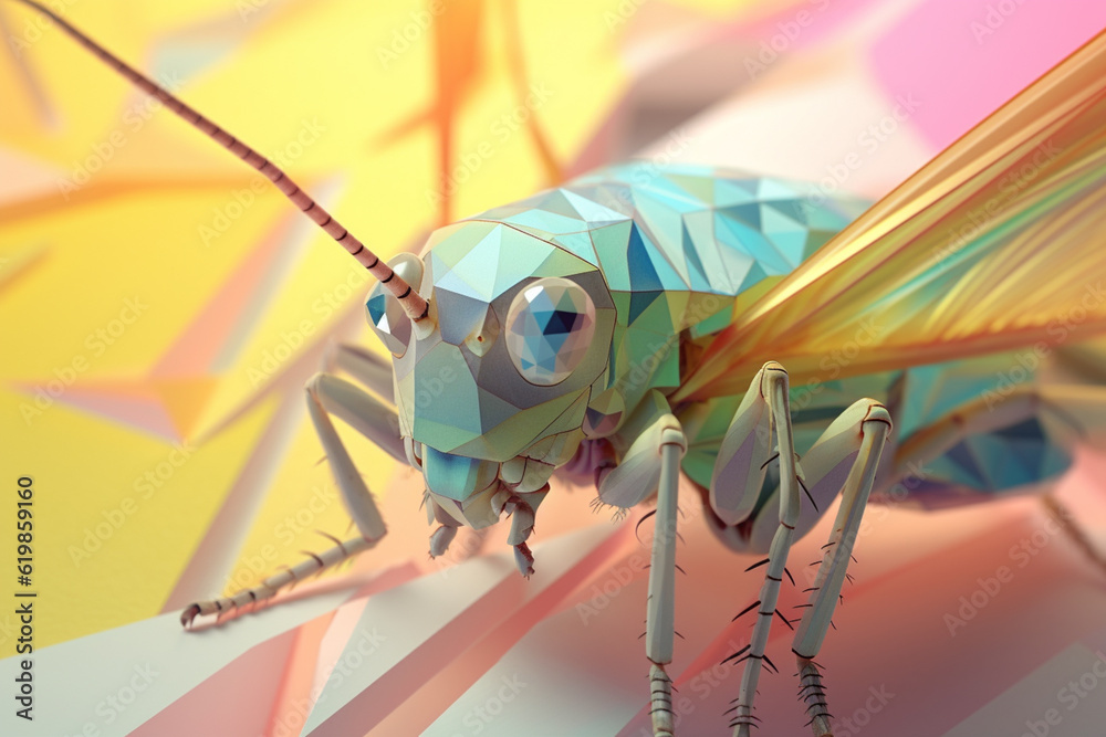 Poster a pastel-colored geometric-style grasshoppers artwork with intricate geometric shapes and soft paste
