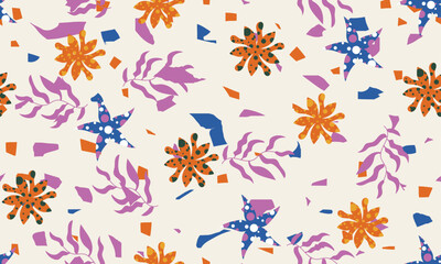 Seamless Terrazzo inspired background with scattered abstract shapes, chips, leaves, flowers and other botanical elements. Random cutout forms collage, ornamental texture, cute decorative pattern