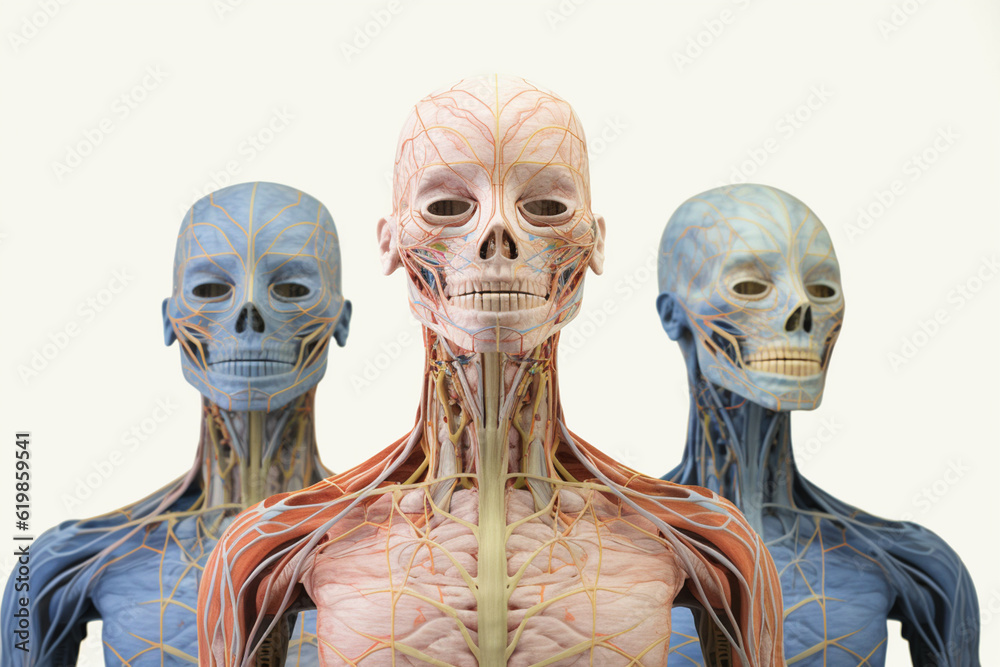 Poster anatomical models of the human nervous system are showcased in a geometric-inspired design, with int